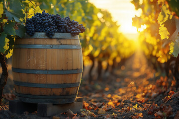 A serene outdoor scene showcasing a wine barrel placed in a vineyard, with natural light highlighting the oak wood and surrounding grapevines.

