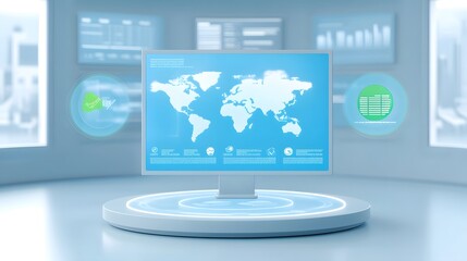 Analyzing global data trends business analytics hub infographic display modern office digital workspace data visualization