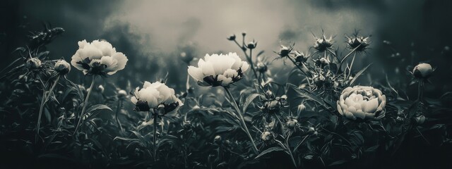 Vintage bouquet of peonies. Floristic decoration. Floral background. Styled in black and white baroque old-fashioned. Ideal for a natural flowers pattern wallpaper or greeting card
