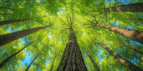 Looking Up at the Lush Green Canopy of Tall Trees in Italy Under a Clear Blue Sky with Stunning Natural Light