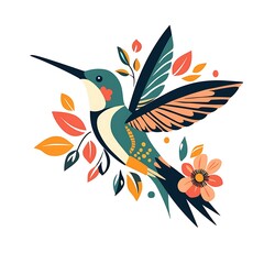 Obraz premium Colorful hummingbird surrounded by leaves and flowers.