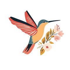 Obraz premium Colorful hummingbird with flowers illustration.