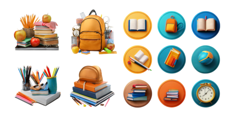 Colorful School Supplies on Transparent Background