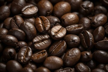 A close-up view of numerous roasted coffee beans.