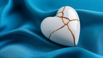 Fototapeta premium Heartfelt emotions artistic display ceramic heart blue background macro view kintsugi concept of beauty in imperfection