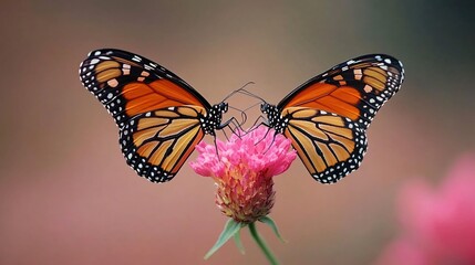 Fototapeta premium Two Monarch Butterflies on a Pink Flower Gentle Nature Scene