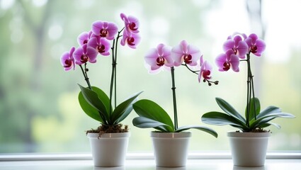 Fototapeta premium Set of lovely potted phalaenopsis orchid flowers against a clear backdrop. idea of plants and flowers