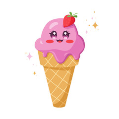 Kawaii ice cream cone character isolated on white background. Cute Sweet smiling summer delicacy. Hand drawing vector illustration.