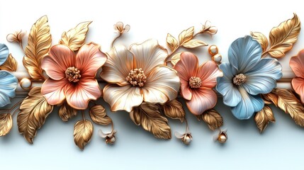 Elegant 3D Floral Arrangement: Gold, Peach, and Blue Blooms