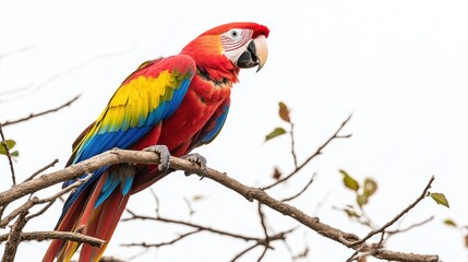 Fototapeta premium A vibrant parrot perched on a branch, showcasing its colorful plumage against a light background.