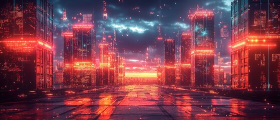 Naklejka premium Futuristic cityscape at dusk with glowing neon lights and digital elements reflecting on wet pavement
