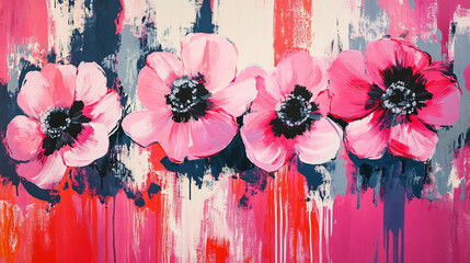 A hot pink floral pattern with bold strokes and an artistic interpretation of blooming flowers, perfect for a modern design.