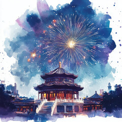 Fototapeta premium vibrant illustration of traditional Asian building with fireworks