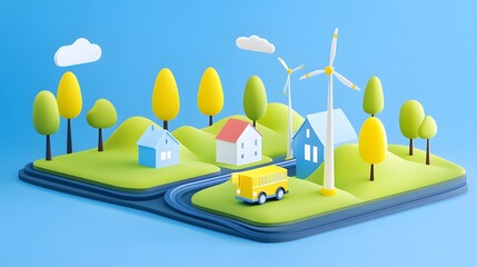 Sustainable energy model with wind turbines and houses in a playful landscape digital art bright and colorful environment aerial view eco-friendly concept