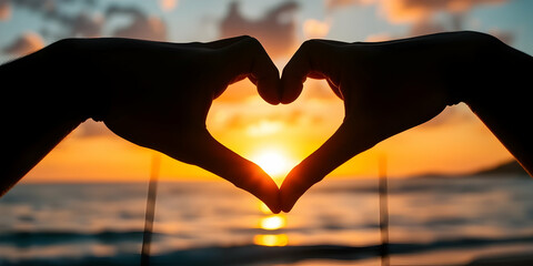 sunset, ocean horizon, silhouette hands forming heart shape, golden light, romantic, beach, love symbol, warm tones, lens flare, emotional, scenic view, peaceful atmosphere, beautiful sky, heartfelt 
