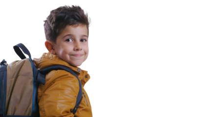A Happy Child Student Boy with a Backpack Ready for School on transparent background, transparent background