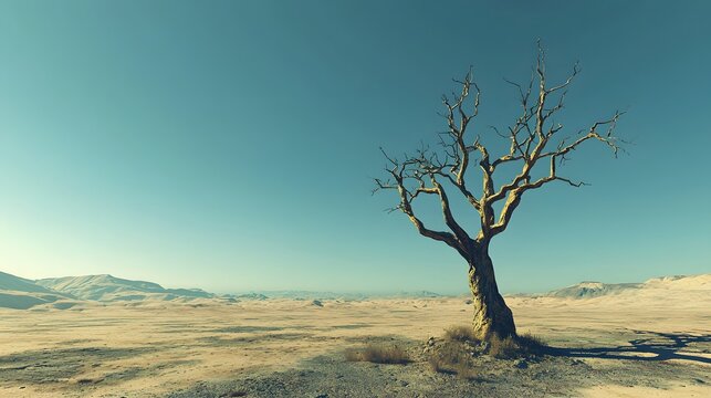 A withered tree in the middle of a barren desert landscape.