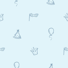 Simple black and white seamless pattern with holiday, party, carnival attributes, mask, crown, balloon. Editable background