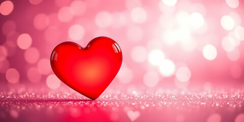 Valentine's day, two red heart shapes, glittery pink background, bokeh lights, romantic atmosphere, soft focus, macro photography, sparkly surface, love concept, vibrant colors, festive mood, close
