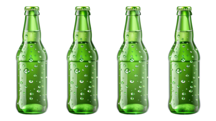 Refreshing green bottles glistening with droplets on a table transparent background
