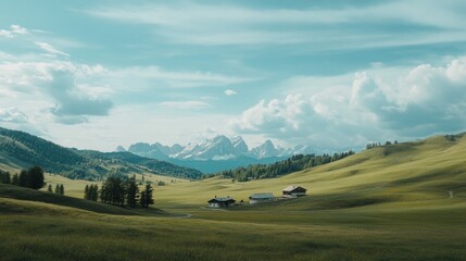 Sunny Alpine valley farmhouses, majestic mountains background, idyllic landscape, travel brochure