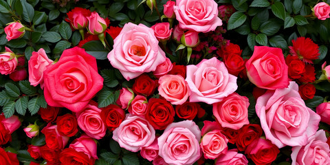 Obraz premium Vibrant roses, Red and pink blooms, Lush floral arrangement, Close-up flower photography, Garden beauty, Romantic bouquet, Rich saturated colors, Full frame floral composition, Valentine's Day theme, 