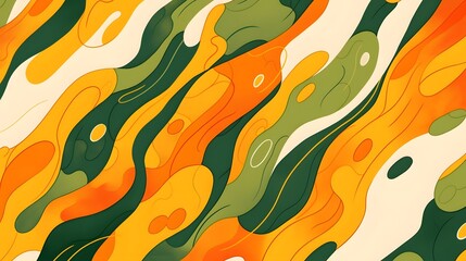 Flowing green and orange waves create a dynamic and organic pattern, suggesting movement and creativity.