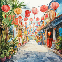 vibrant street scene adorned with colorful lanterns and lush plants