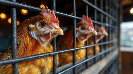 Captive Poultry: A Close-Up of Three Chickens in a Cage