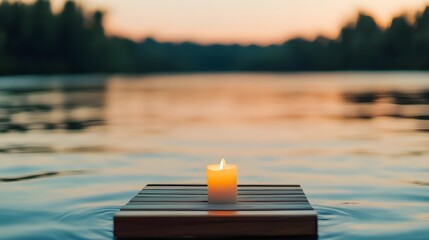 serene sunset candle on lake dock - tranquility