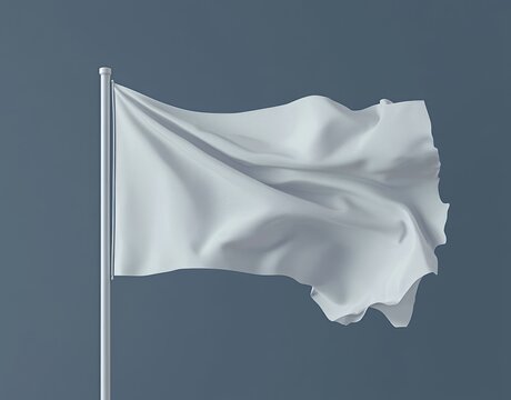 A white flag billowing in the wind atop a flagpole, centered against a gray backdrop, close-up view