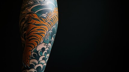 A detailed tattoo of a tiger amidst waves on a leg, showcasing intricate artistry.