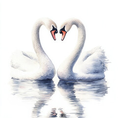 Fototapeta premium Elegant swans forming heart shape, reflecting on calm water