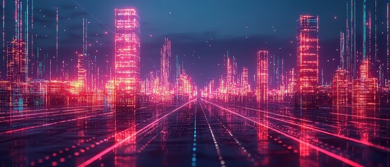 Fototapeta premium Futuristic Cityscape with Neon Lights and Digital Elements at Night in a Cyberpunk Style Setting