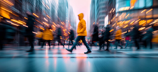 Tourists walking on a busy shopping street at dusk with motion blur effect. Commercial photography - live vibrant urban scene with walking people and modern architecture