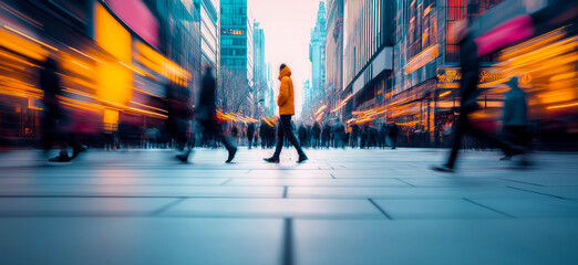 Tourists walking on a busy shopping street at dusk with motion blur effect. Commercial photography - live vibrant urban scene with walking people and modern architecture