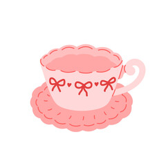 Elegant porcelain teacup. Coquette cup on saucer decorated with cute bows and hearts. Trendy classic teacup. Colored flat vector illustration isolated on white background