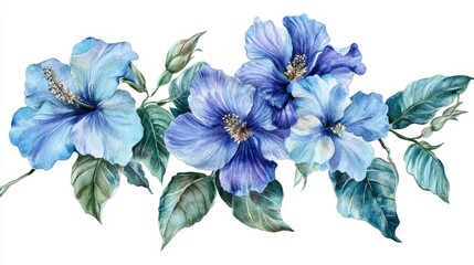 Fototapeta premium Blue Hibiscus Flowers Arrangement with Leaves and Stems