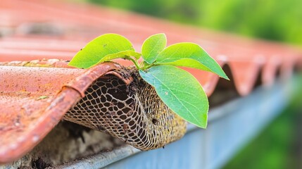 Nature's Resilience A Tiny Plant Sprouting from an Old Roof Gutter