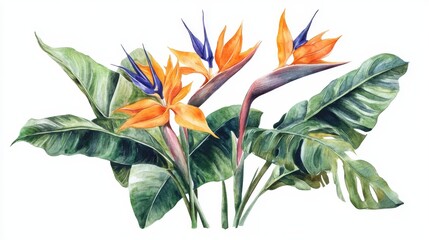 Vibrant Exotic Bird of Paradise Flowers with Lush Green Leaves