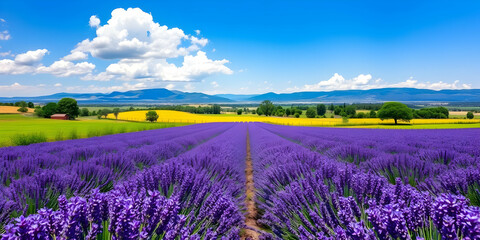 Vibrant lavender field, rows of purple flowers, bright blue sky, fluffy white clouds, distant mountains, panoramic landscape, Provence France, summer countryside, saturated colors, wide-angle view, 