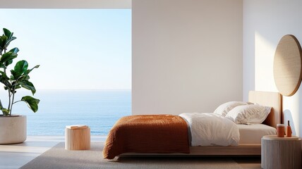 Serene bedroom with a large window showcasing breathtaking ocean views, perfect for relaxation and tranquility.