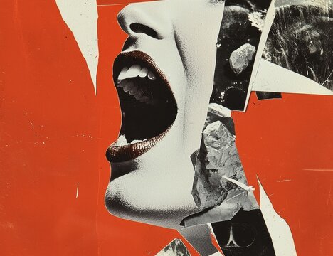 Stylish and contemporary art collage featuring a bizarre mouth in place of a head, exuding rock and roll energy with a devil's horn sign