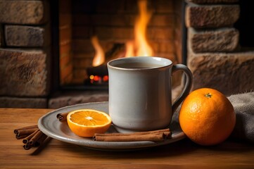 A mug of hot cider with a cinnamon stick and orange
