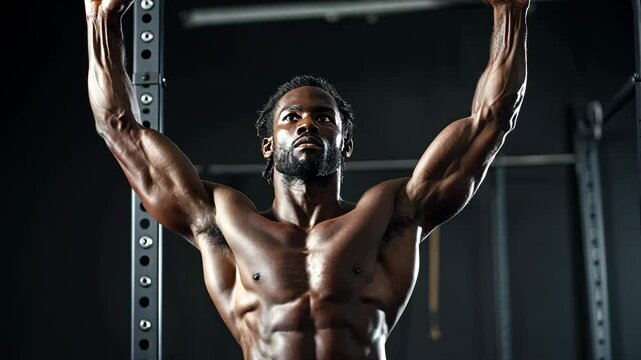 Muscular athlete performing intense pullups in gym setting
