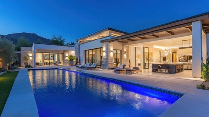 Fototapeta premium Modern luxury home with pool at twilight.