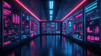 Futuristic Data Visualization Hallway with Neon Lights and Digital Displays in High-Tech Environment