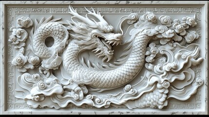 Majestic Chinese Dragon Carving: Ancient Marble Relief Sculpture, Oriental Mythological Art