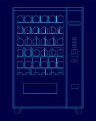 Vending machine with a blue background. The vending machine is full of cups and bottles