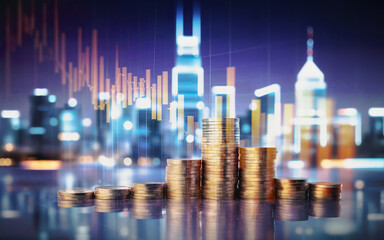 coins on the background of a metropolis, business finance concept